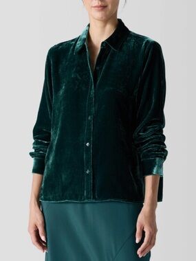 NWT Eileen Fisher Pine Green Velvet Silk Luxe Button Front Top